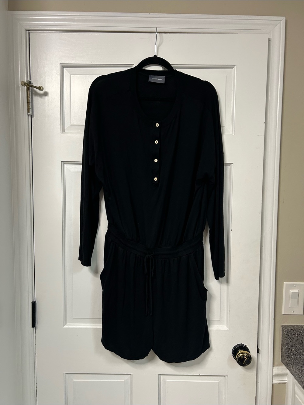 Long-Sleeve Black Romper Dress with Drawstring Waist